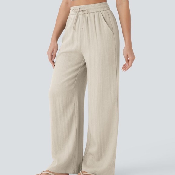 High Waisted Drawstring Pocket Wide Leg Casual Linen-Feel Pants - Picture 2 of 5